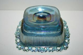 Vintage Indiana Blue Carnival Glass Candy Dish With Lid Lace Edge 3