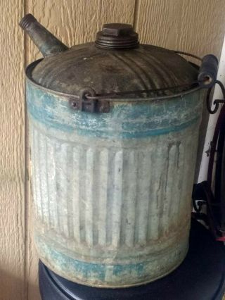 Vintage Galvanized Metal Gas Oil Kerosene Can With Wood Handle.  5 Gallon.