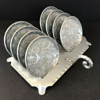 Vintage Mcm Set Of 8 Everlast Coasters & Tray Flowers Hammered Forged Aluminum