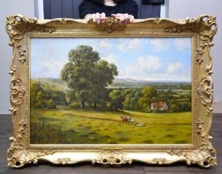 Large Fine Antique 19thc Landscape Oil Painting Summer Harvest Suffolk