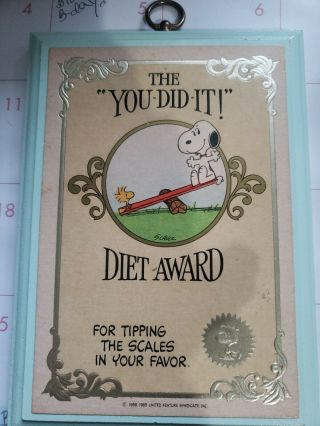 Vintage 1965 Hallmark Peanuts Snoopy & Woodstock Diet Award Wall Plaque White