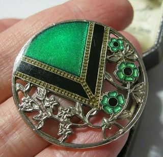 Vintage Jewellery Art Deco Pierre Bex Design Geometric Green Enamel Brooch Pin