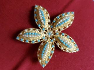 Vintage Sarah Coventry Brooch Summer Starfish Turquoise Color Beads Gold Tone