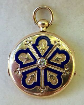 Antique Victorian 14k Gold & Blue Enamel Locket Pendant With Big Natural Diamond