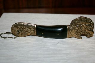 Vintage Bottle Opener - Lion Head Serpent Snake Tail Brass And Ebony - Thailand