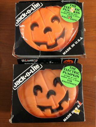 2 Vtg Halloween Blow Mold Jack O Lantern Pumpkin Lighted Window Hanging W Box