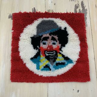Latch Hook Rug - Vtg Red & White Sad Hobo Clown 19” X 20” Handmade -
