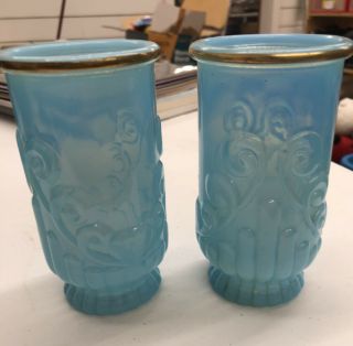 Vintage - Avon Bristol Turquoise Blue Drinking Glass Tumbler Vase Gold Rim 9 Oz (2)