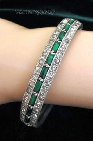Vintage Art Deco Emerald Green Rhinestone Paste Silver Hinged Bangle Bracelet