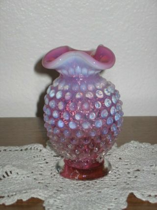Vintage Fenton Cranberry Opalescent Hobnail Mini Tri - Top Vase