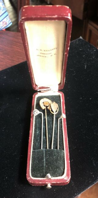 Vintage Antique Leather Jewelry Stick Pin Box/w 4 Pins Sticks Rhinestone Psco