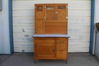 Antique Oak Hoosier Style Kitchen Cabinet Cupboard Slag Glass Doors