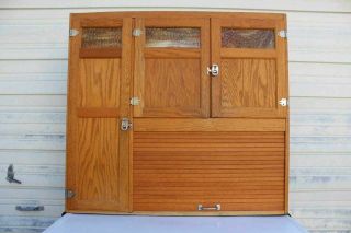 Antique Oak Hoosier Style Kitchen Cabinet Cupboard Slag Glass Doors 2