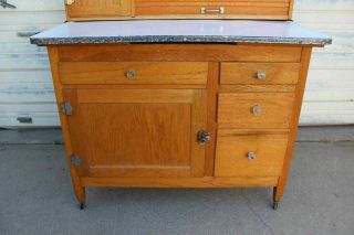 Antique Oak Hoosier Style Kitchen Cabinet Cupboard Slag Glass Doors 3
