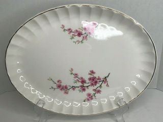 Vintage W S George Bolero Oval Platter 13.  75 " Pink Cherry Blossoms Gold Scallop