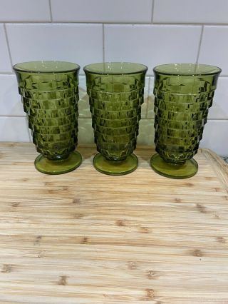 3 Vintage Whitehall Colony Avocado Green Footed Cube 6 Inch Tea Glasses