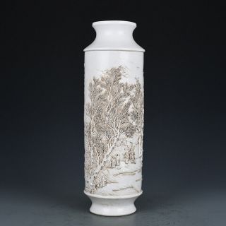 14 " China Old Antique Porcelain White Glaze Hand Carved Landscape Vase
