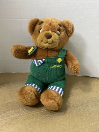 Eden Corduroy Teddy Bear Plush Brown Green Overalls Yellow Buttons 12 " Vtg 1996