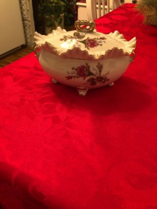 Vintage Porcelain Tilso Footed Dish With Lid Decorated With Roses And Gold Ttim