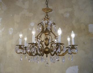 Brass Crystal Chandelier Fixtures Ceiling Lamp 8 Light Lustre Old Vintage
