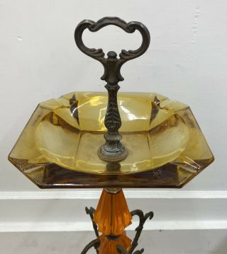 Vintage Retro Amber Glass Ashtray Ash Tray w/ Ornamte Metal Stand 60s - 70s 2