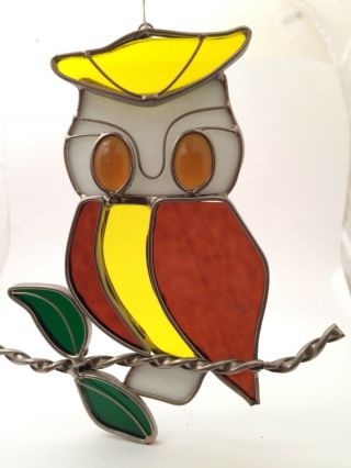 Retro Valentien Stained Glass Owl Suncatcher 7.  25 " Brown Yellow White Bird Vtg