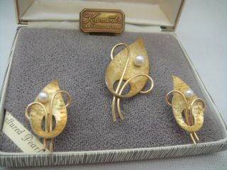 Vintage Krementz Gold Overlay Leaf & Pearl Pin Brooch & Screwback Earrings,  Box