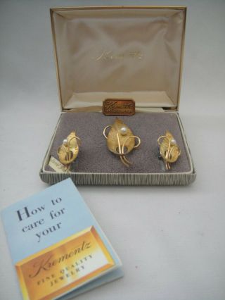 Vintage Krementz Gold Overlay Leaf & Pearl Pin Brooch & Screwback Earrings,  Box 2