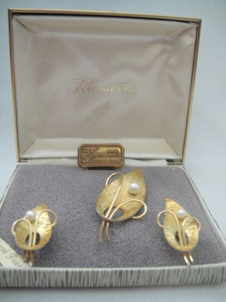 Vintage Krementz Gold Overlay Leaf & Pearl Pin Brooch & Screwback Earrings,  Box 3