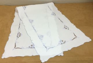 Vintage Dresser Scarf,  Linen,  White With Flower Embroidery,  Scrolls,  Dots,  Blue