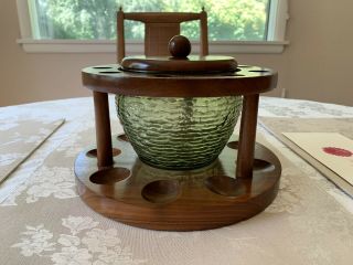 Vintage Walnut Wood 9 Pipe Rack Stand With Pully Green Glass Tobacco Humidor