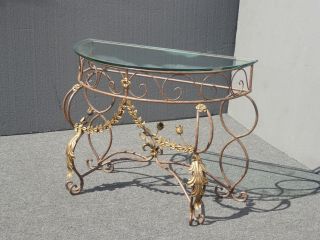 Wrought Iron Gold Gilt Scroll & Flourishes Console Side Table With Glass Top