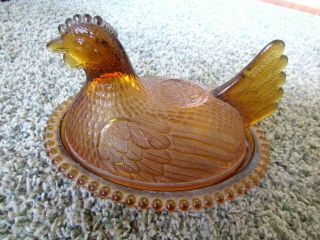 Vintage Large Indiana Glass Beaded Chicken Hen On Nest Amber Candy 7 " L