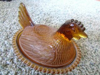 Vintage Large Indiana Glass Beaded Chicken Hen On Nest Amber Candy 7 