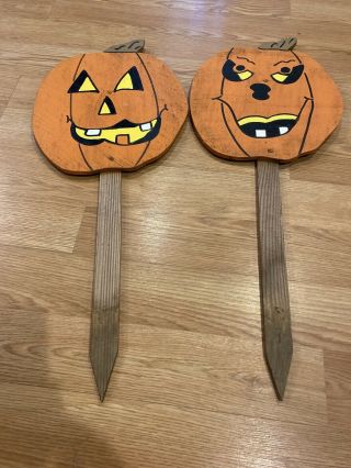 2 Vtg Wooden Halloween Jack O Lantern Pumpkin Yard Sign With Stake