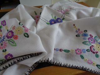 Heavy Linen Vintage Hand Embroidered Tablecloth,  Bright Florals/ Blanketstitch
