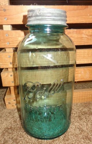 Old Vintage Big Half Gallon Blue Glass Ball Mason Canning Jar Zinc Lid 3 Zink