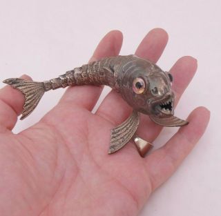 Victorian Silver Rare Articulated Large Glass Eyed Fish Ornament