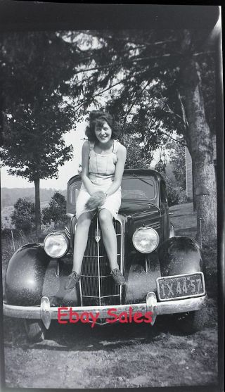 X5 - N Vintage Photo Negative - Young Woman Sitting On Car