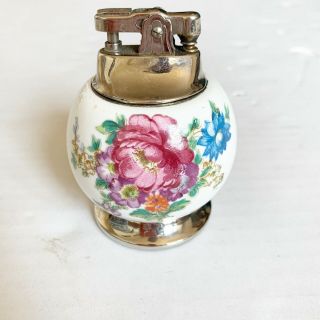 Vintage Table Lighter Round Floral Ceramic Made In Occupied Japan