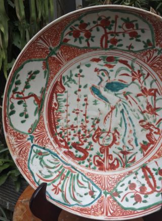 BIG & RARE Antique Chinese Ming Dynasty Red Green ‘Bird & Flowers Plate 3
