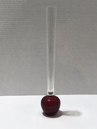 Vintage Paperweight Ruby Red Art Glass Single Stem Bud Vase Bubble Bottom