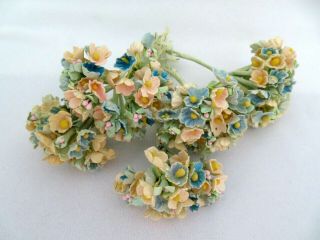5 Vintage Mini Bunches Of Forget Me Not Paper Flowers Millinery Orig.  Label