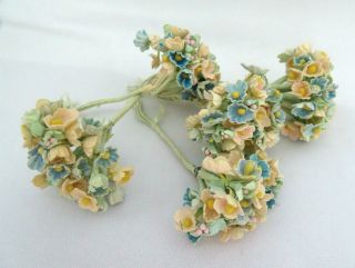 5 Vintage Mini Bunches of Forget Me Not Paper Flowers Millinery Orig.  Label 2