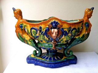Antique Italian Huge 19.  6 " Majolica Pottery Cantagalli? Vase W/lion Mermaid