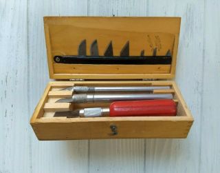Vintage X - Acto Knife Chisel Set In Dovetail Wooden Box Wood Carving Sculpting