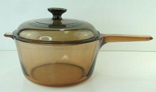 Vintage Corning Pyrex Vision Ware 2.  5 Liter Amber Glass Pot Sauce Pan W/ Lid Usa