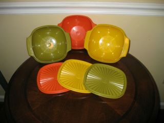 Vintage Tupperware 840 Orange,  Yellow And Green Servalier Bowls & Lids 841