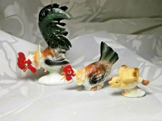Vintage 3 - Piece Bone China Chicken Family Miniature Figurines Rooster Hen Chick