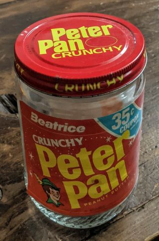 Vintage Peter Pan Crunchy Peanut Butter Jar 28 Oz.  Empty Glass Jar Red Lid